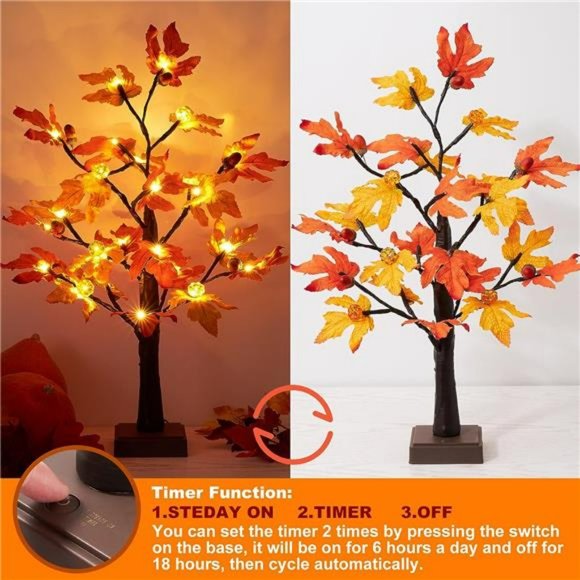 [ 2 Pack & Timer ]24 Inch Artificial Fall Lighted Maple Tree Decor, l 48 LED - Picture 7 of 7